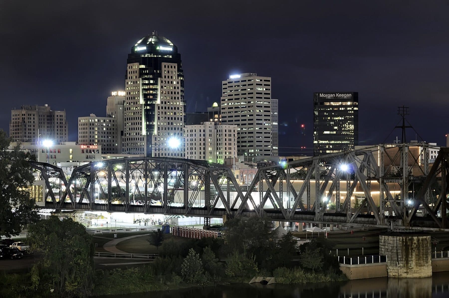 Downtown Shreveport skyline at night from the Bossier City bank of the Red River