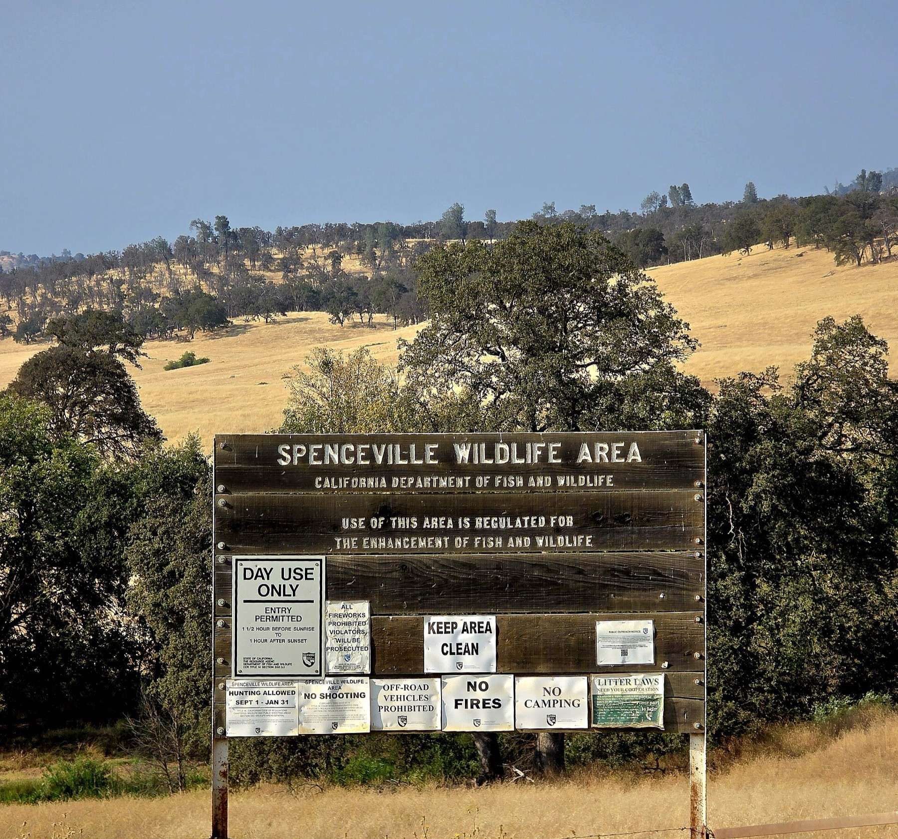 Sign for the Spenceville Wildlife Area which is in Yuba County and Nevada County, California