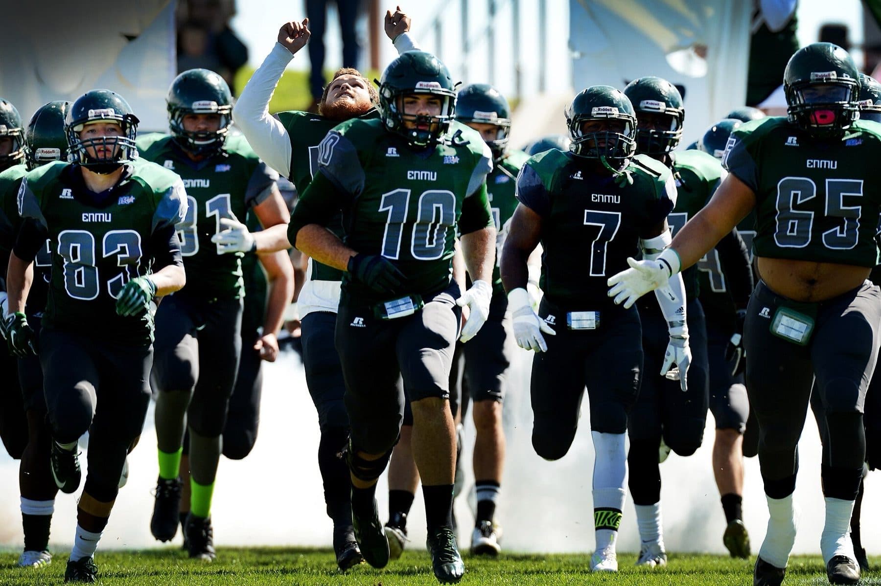 The Eastern New Mexico University Greyhounds take to the feild during a military appreciation game at Blackwater Draw Stadium Oct