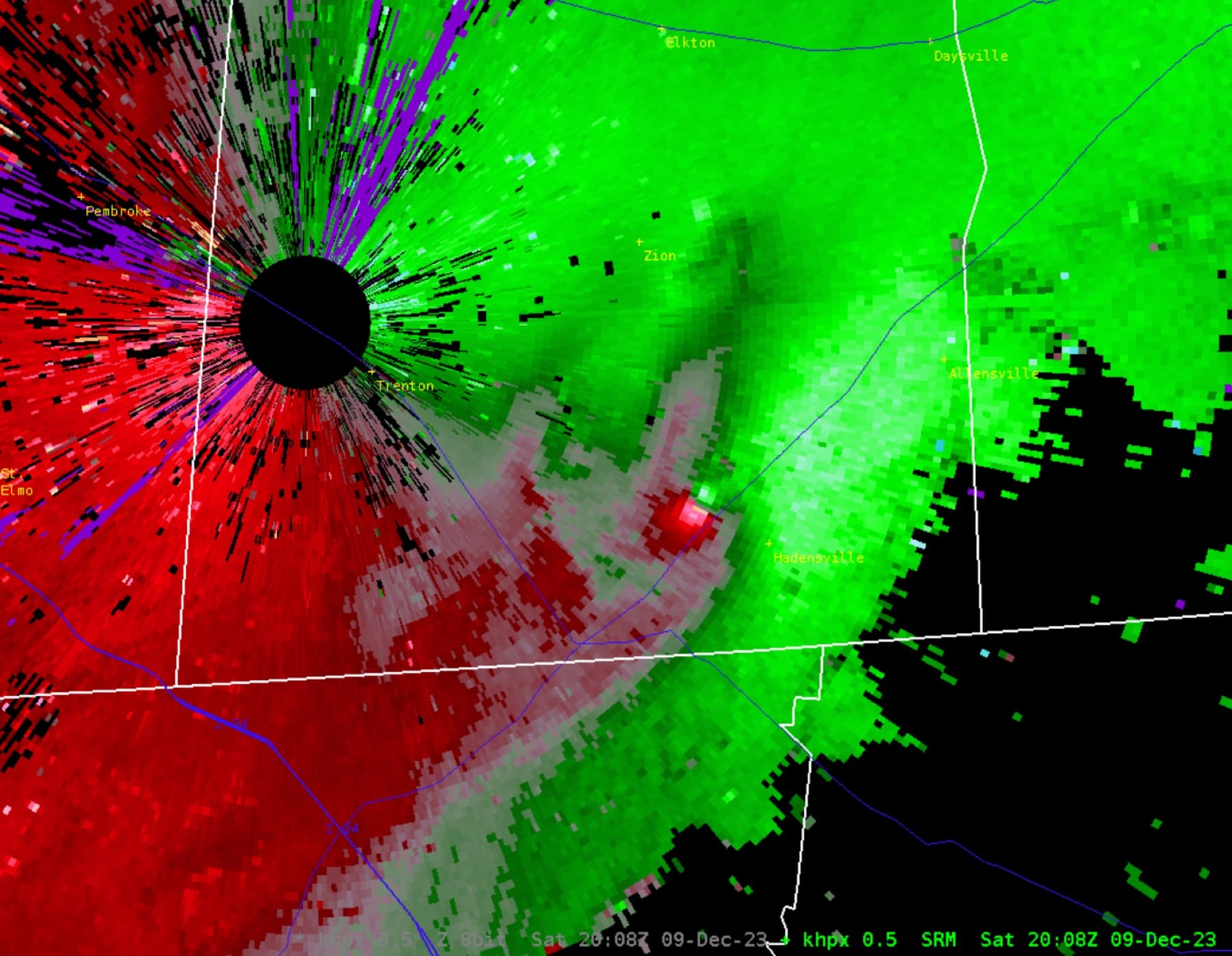 A velocity image of the Clarksville tornado in 2023 after it moved into Kentucky
