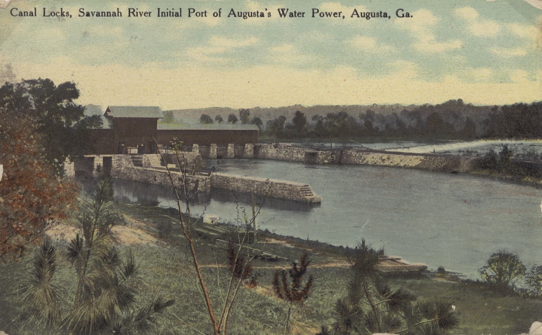 Turn-of-the-twentieth century postcard image depicting the headgates and locks of the Augusta Canal in Augusta, Georgia