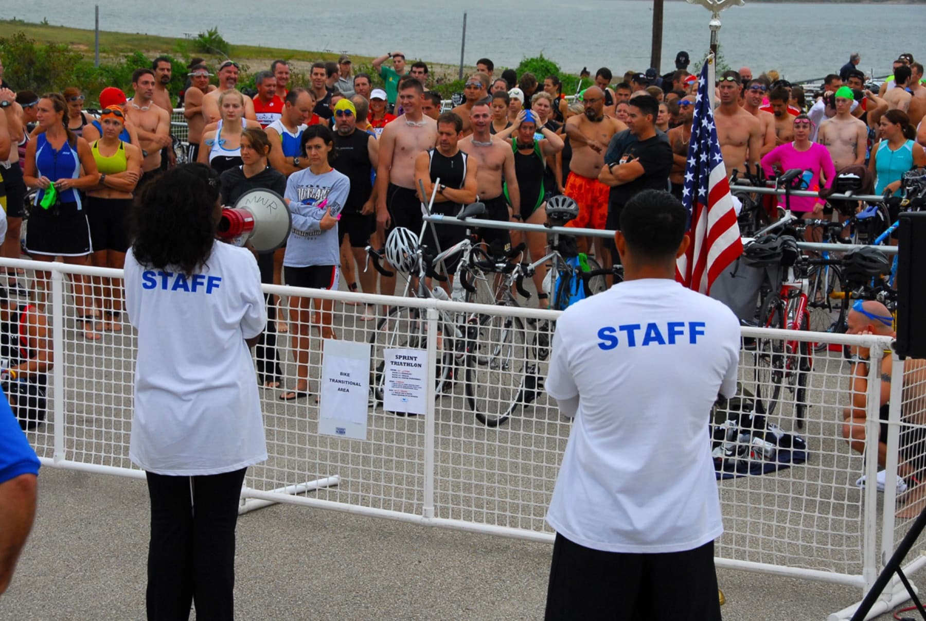 Participants of all ages prepare to begin the Sprint Triathlon at Blora Lake in Belton, Texas, Sept