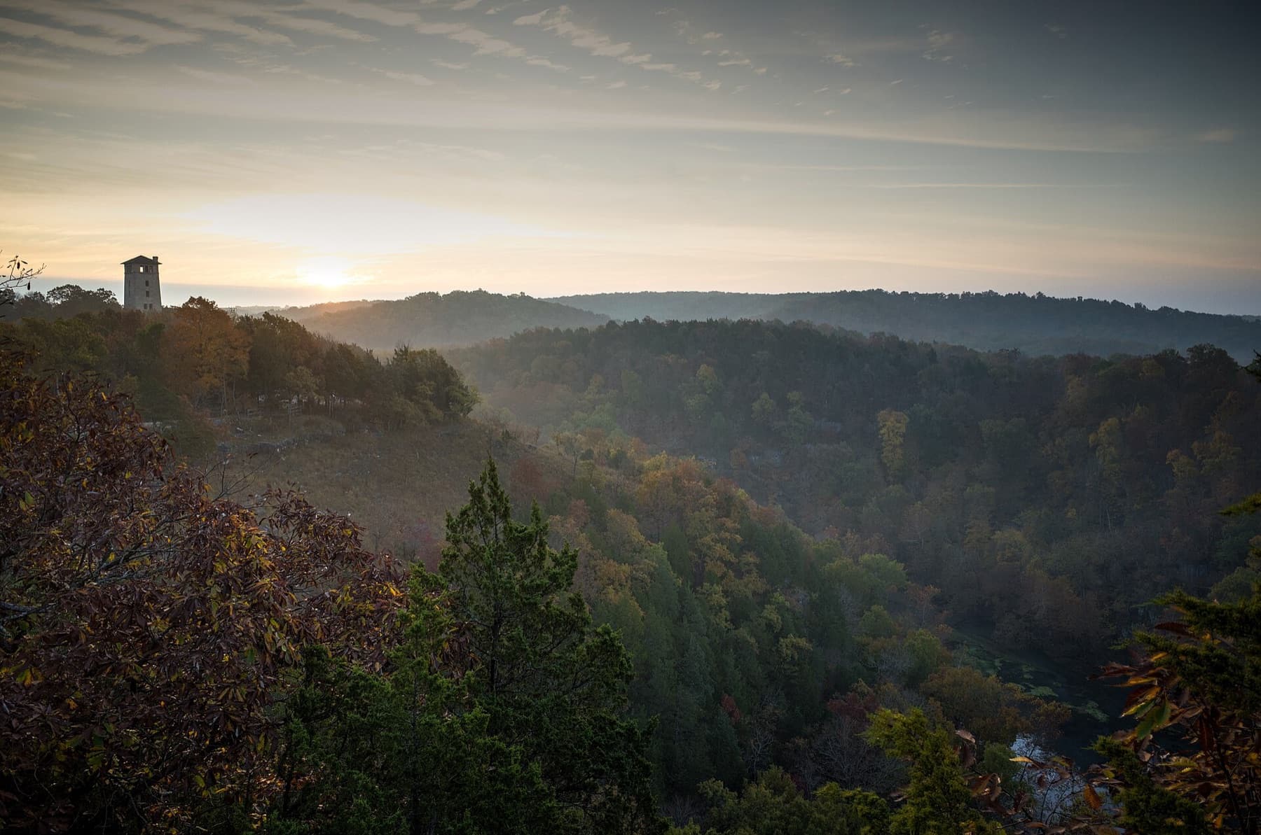 A beautiful post-peak sunrise over Ha Ha Tonka State Park in Missouri