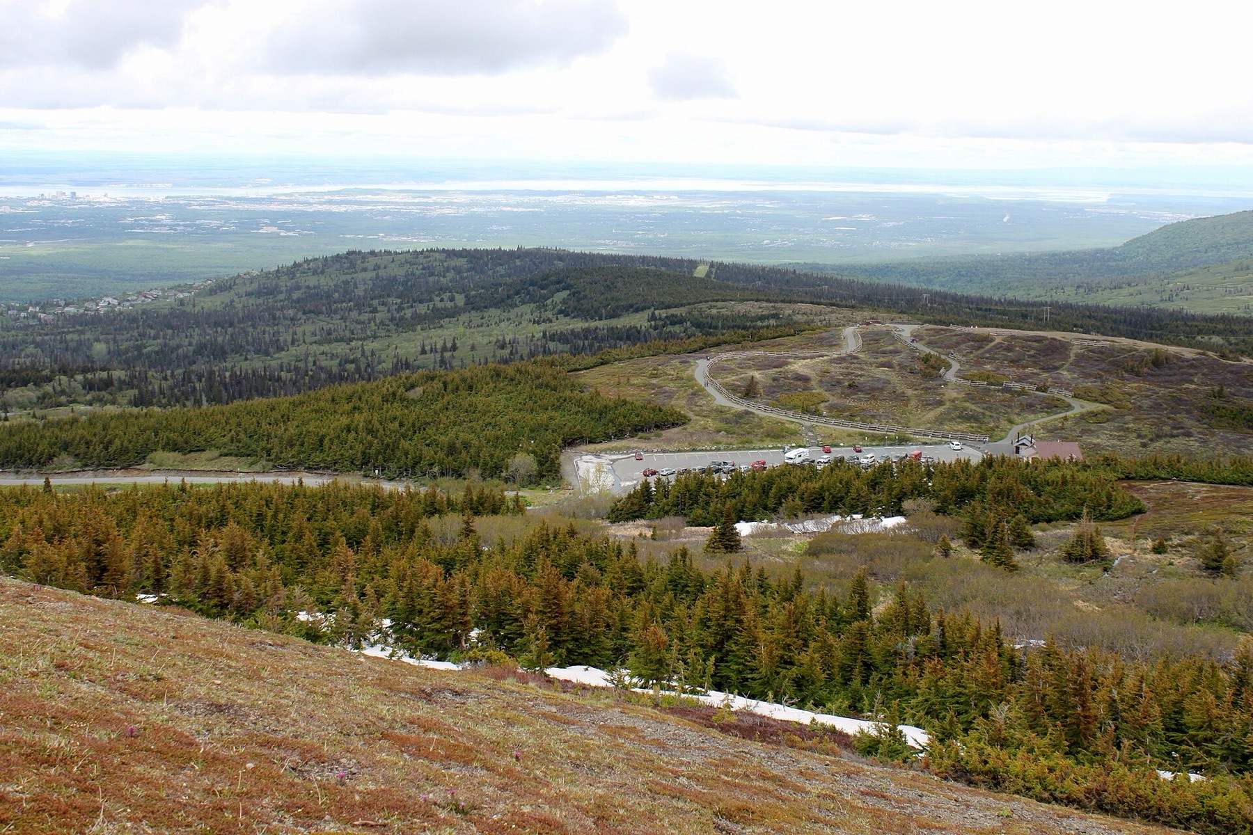 View of the trailhead parking lot for Flattop Mountain in Anchorage, Alaska