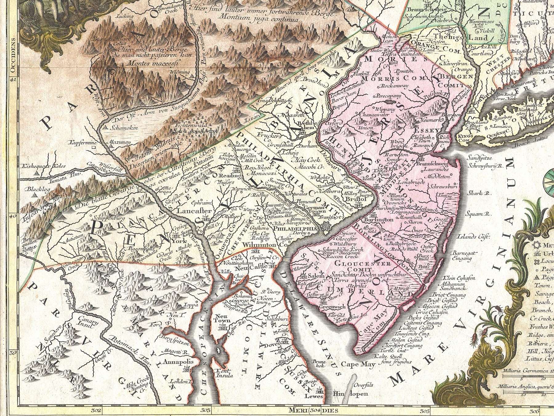 4:3 ratio cropped version of full German language Lotter Map[dead link] of the center colonies of England dated concurrent with the French and Indian War (1756-1763) when emigratio