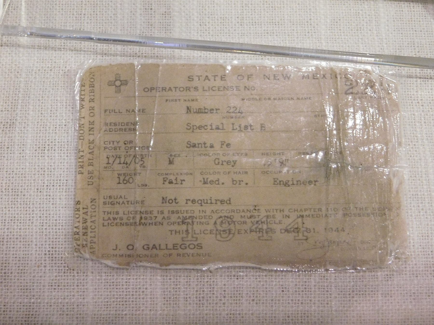 A New Mexico driver's license issued to a Los Alamos resident during the Manhattan Project