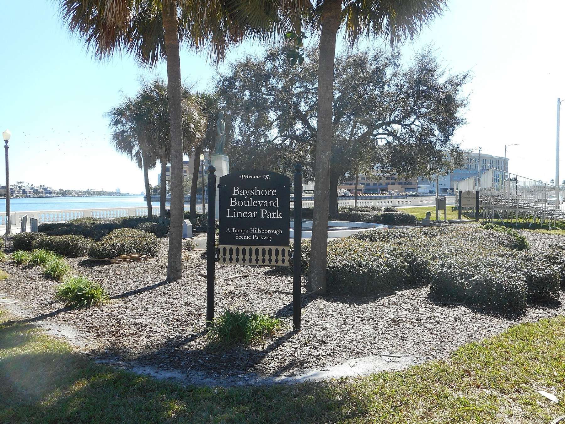 Sign for the Bayshore Boulevard Linear Park along Bayshore Boulevard south of the Pratt Street Drawbridge in Downtown Tampa, Florida