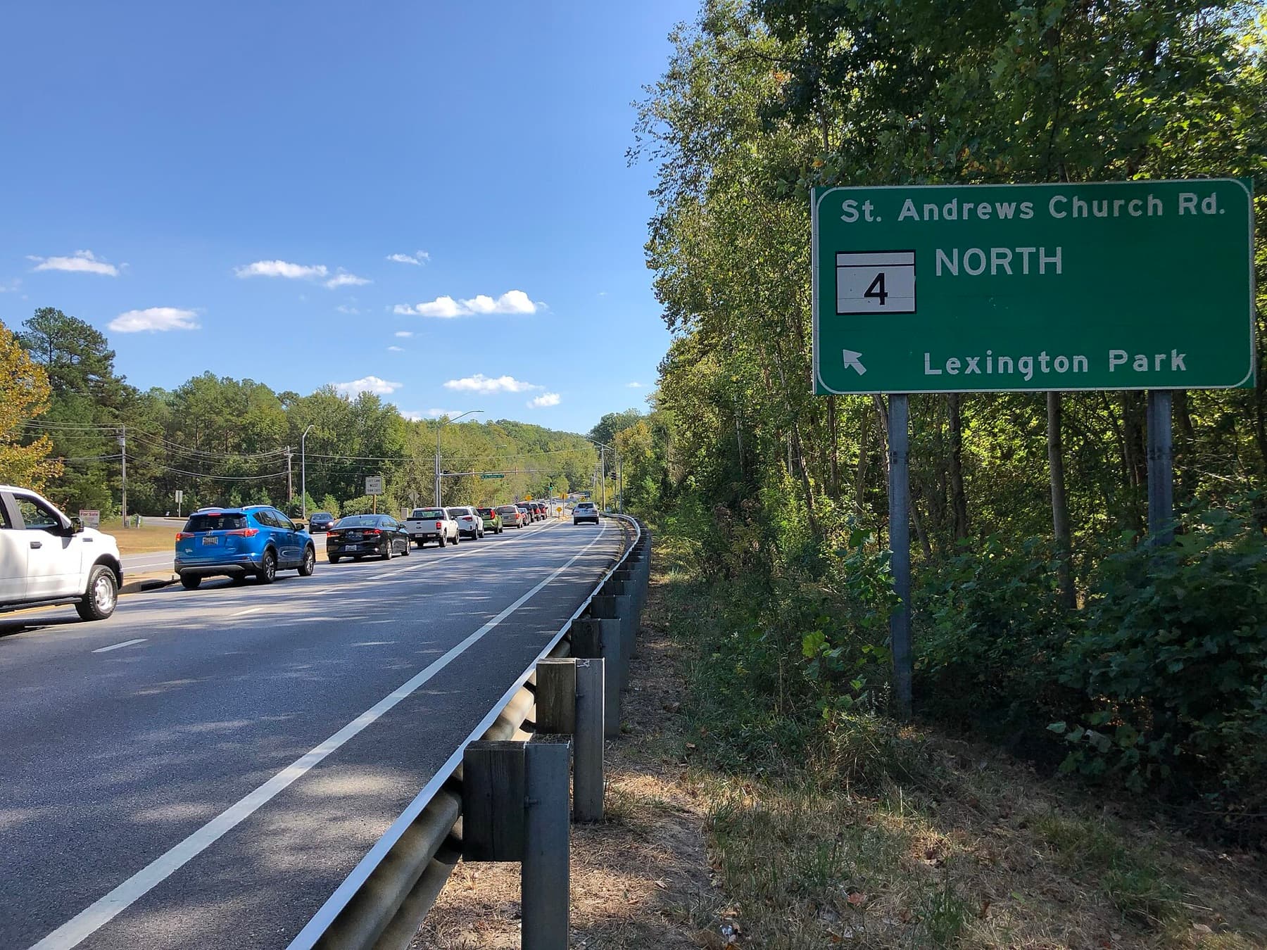 View south along Maryland State Route 5 (Point Lookout Road) just north of Maryland State Route 4 (Saint Andrews Church Road) just south of Leonardtown in St