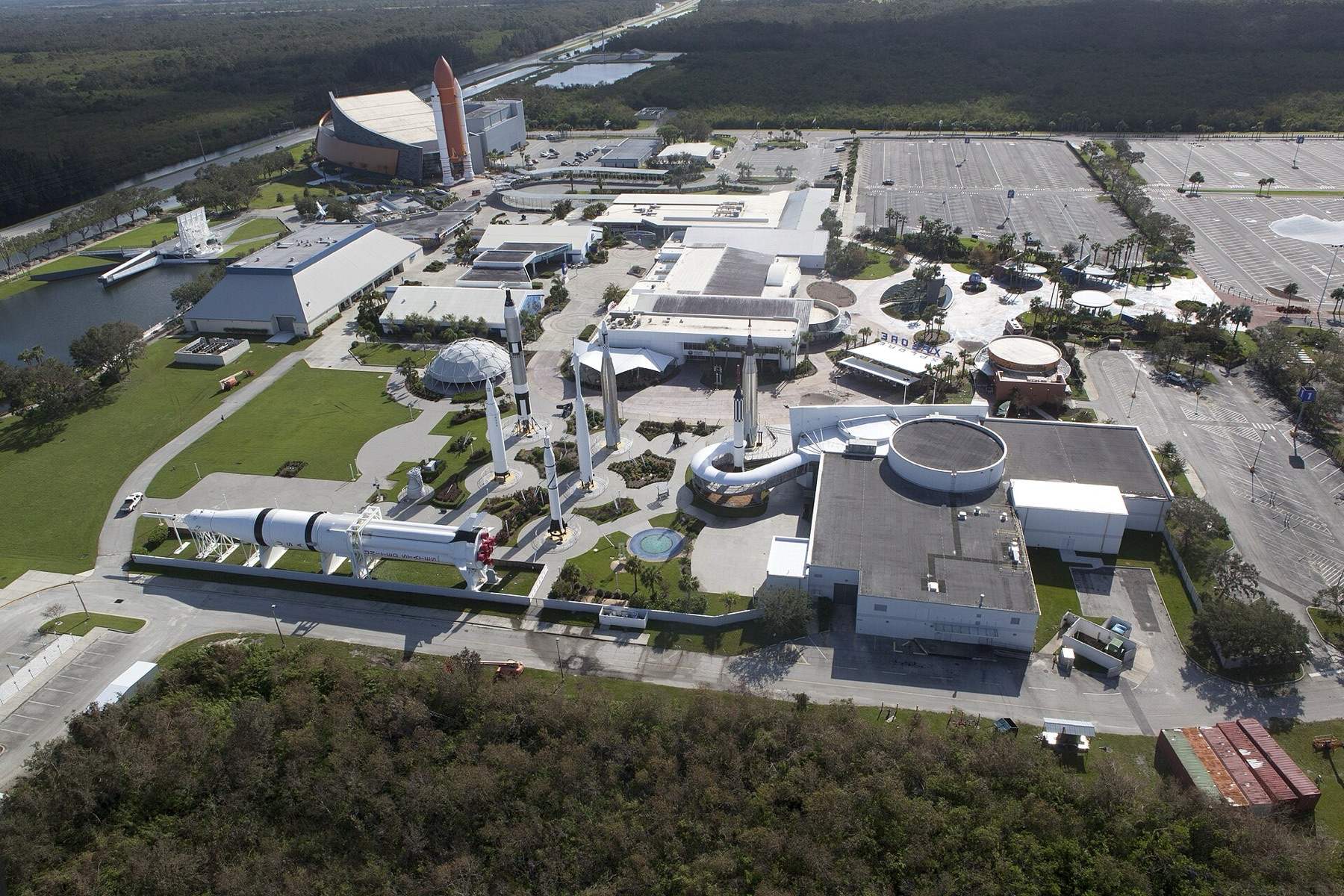 The Kennedy Space Center Visitor Complex is seen during an aerial survey of NASA's Kennedy Space Center in Florida on September 12, 2017