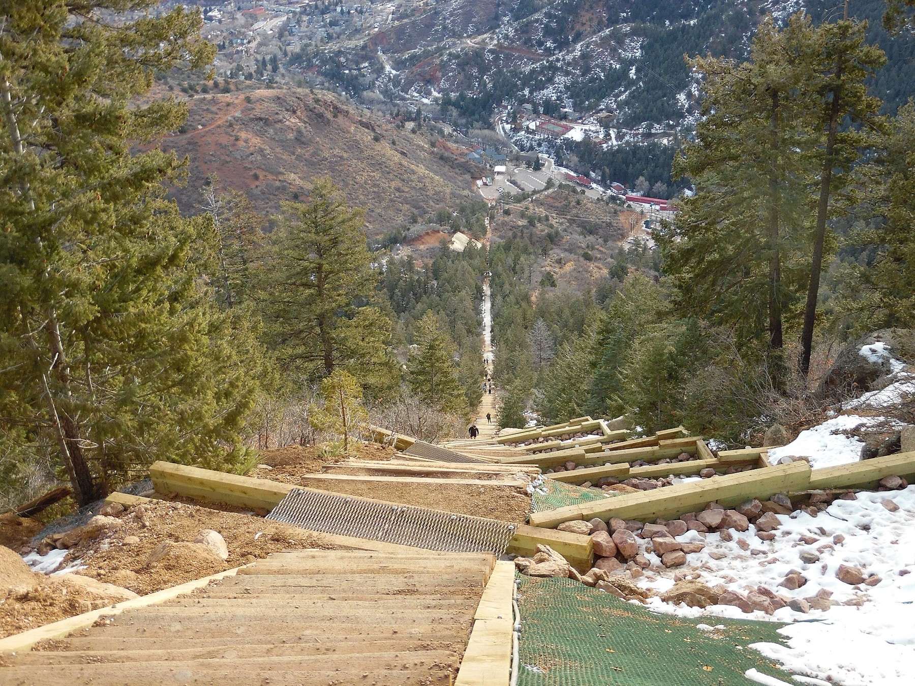 Looking down the Manitou Springs Incline from Barr Trail Bailout approximately two-thirds of the way up the incline