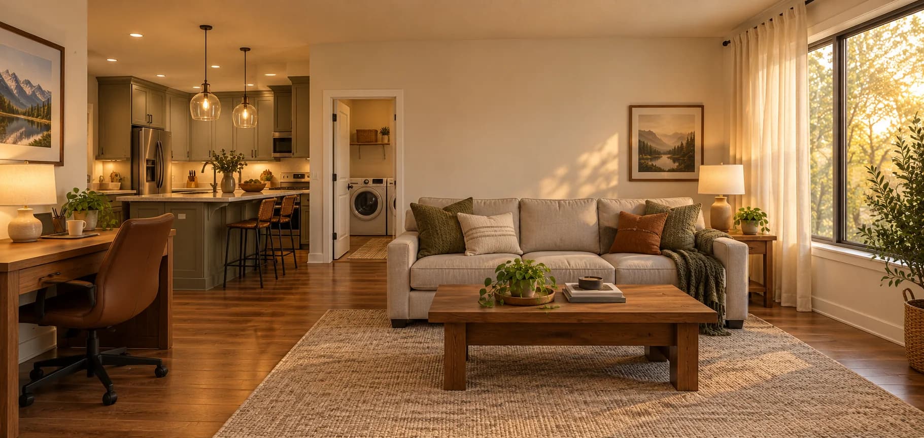 Illustration of a furnished home with a living room, full kitchen and laundry