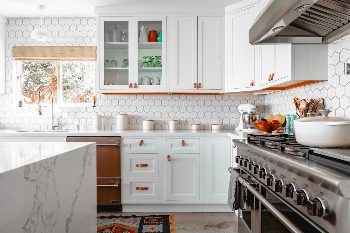 Bright kitchen and workspace inside a furnished crashpad