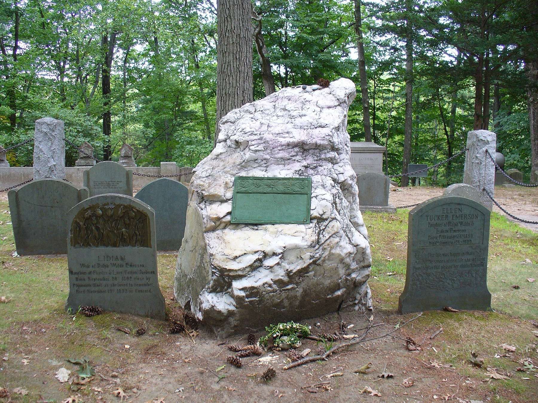 This is a photograph taken of Ralph Waldo Emerson's grave at the Sleepy Hollow Cemetery on Bedford Street near the center of Concord, Massachusetts