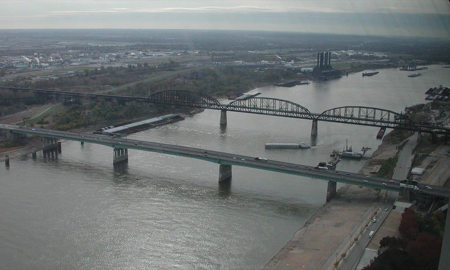 View of the Mississippi River looking southeast from the Gateway Arch observation platform